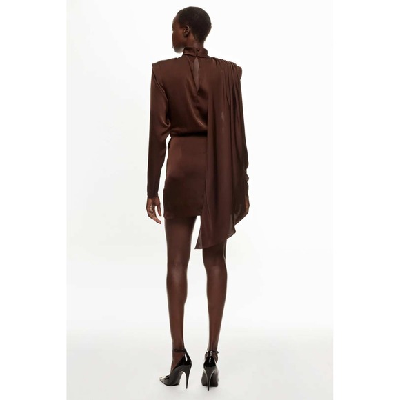 Ronny Kobo Brown Satin Draped Mock Neck Long Sleeve Mini Dress Size S - Picture 2 of 10